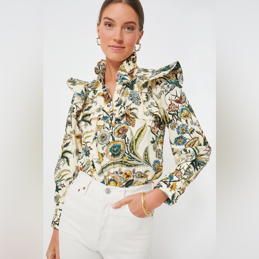 Tuckernuck Floral Ruffle Blouse - Cream and Green